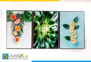 Hình ảnh Bộ tranh canvas hoa quả lá xanh treo tường phòng ăn bàn ăn AmiA CV29