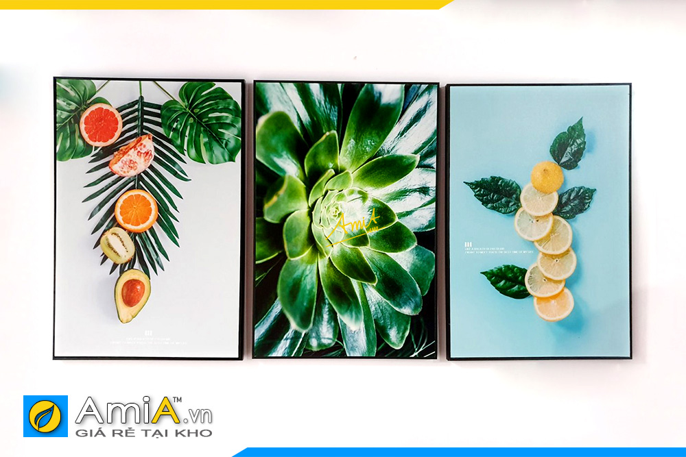 Hình ảnh Bộ tranh canvas hoa quả lá xanh treo tường phòng ăn bàn ăn AmiA CV29