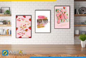 Hình ảnh Bộ tranh canvas phong cách Bắc Âu treo phòng ăn chủ đề kem dâu tây AmiA PA29