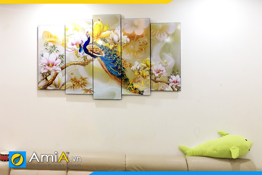 Hình ảnh Bộ tranh đôi chim công hoa mộc lan treo phòng khách ý nghĩa AmiA 1414