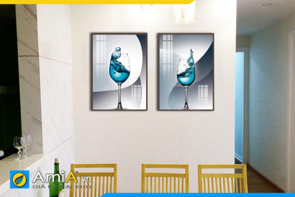 Hình ảnh Bộ tranh ly rượu vang xanh treo tường phòng ăn bàn ăn đẹp AmiA RV03