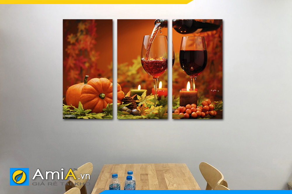 Hình ảnh Bộ tranh rượu vang treo tường bàn ăn đẹp ghép 3 tấm AmiA RV12