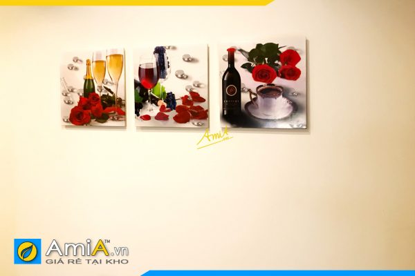 Hình ảnh Bộ tranh treo tường đẹp phòng ăn nhà bếp rượu vang và hoa hồng AmiA RV108