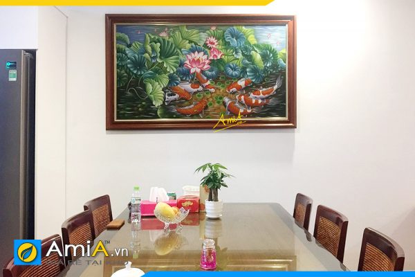 Hình ảnh Mẫu tranh cá chép hoa sen vẽ sơn dầu treo tường bàn ăn AmiA TSD 216