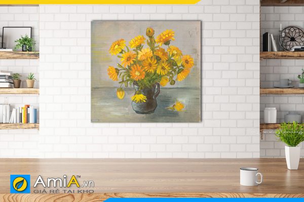 Hình ảnh Tranh bình hoa cúc vàng in giả sơn dầu làm theo yêu cầu treo bàn ăn AmiA BH10
