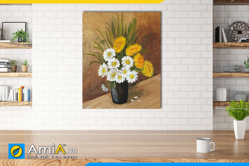 Hình ảnh Tranh bình hoa đẹp in giả sơn dầu treo tường phòng ăn bàn ăn AmiA BH07