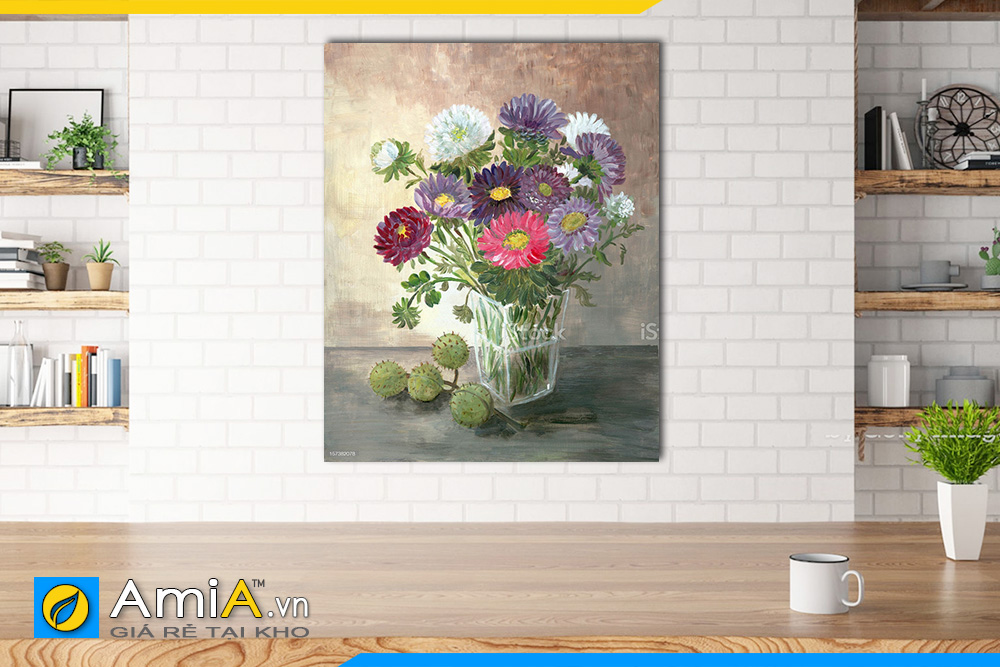 Hình ảnh Tranh bình hoa in giả sơn dầu treo tường bàn ăn làm theo yêu cầu AmiA BH07