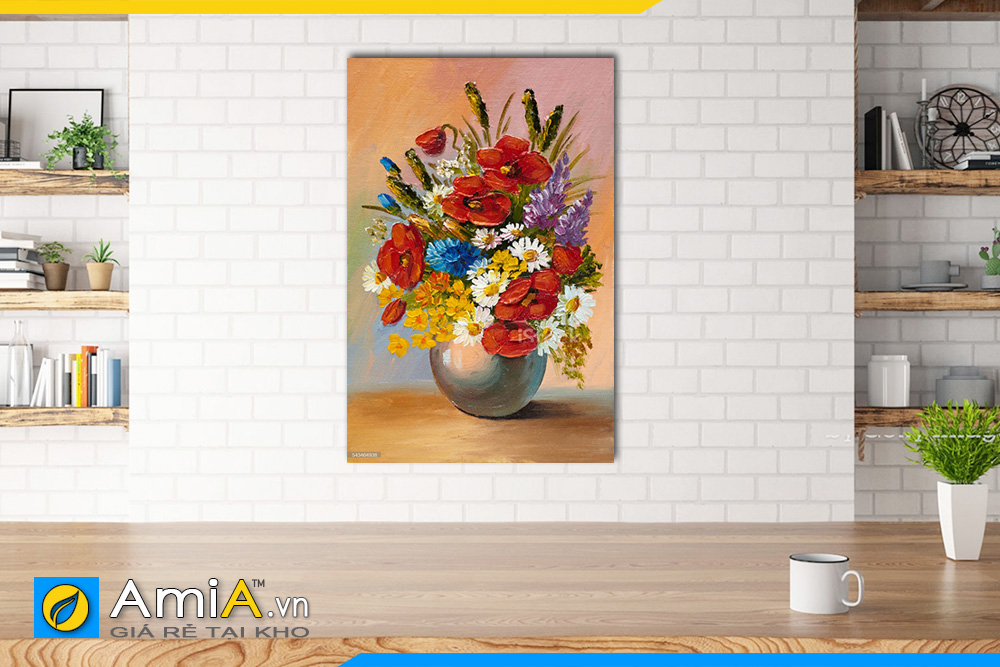 Hình ảnh Tranh bình hoa nhiều màu sắc in giả sơn dầu treo bàn ăn AmiA BH05