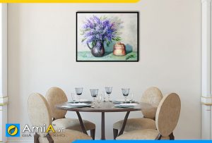 Hình ảnh Tranh bình hoa tím in giả sơn dầu treo tường bàn ăn đẹp AmiA BH08
