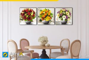 Hình ảnh Tranh bộ 3 bình hoa nhiều màu sắc treo tường bàn ăn AmiA 1639