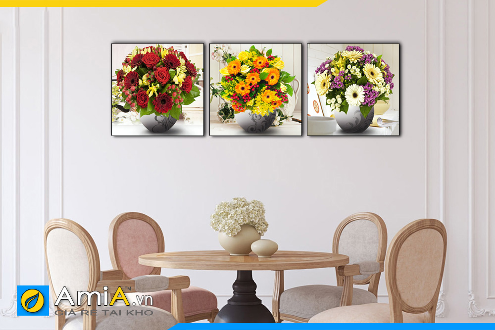 Hình ảnh Tranh bộ 3 bình hoa nhiều màu sắc treo tường bàn ăn AmiA 1639