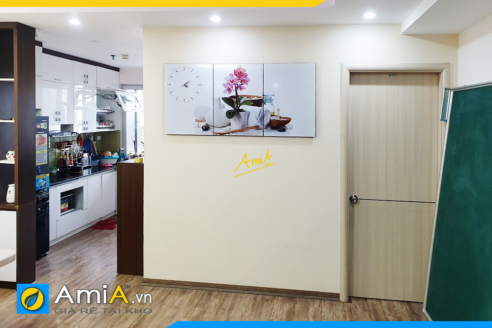 Hình ảnh Tranh đồng hồ chậu hoa lan trang trí tường phòng bếp phòng ăn đẹp AmiA SP13