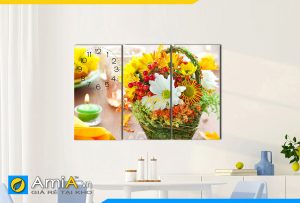Hình ảnh Tranh phòng ăn đẹp giỏ hoa màu sắc kèm đồng hồ AmiA 626