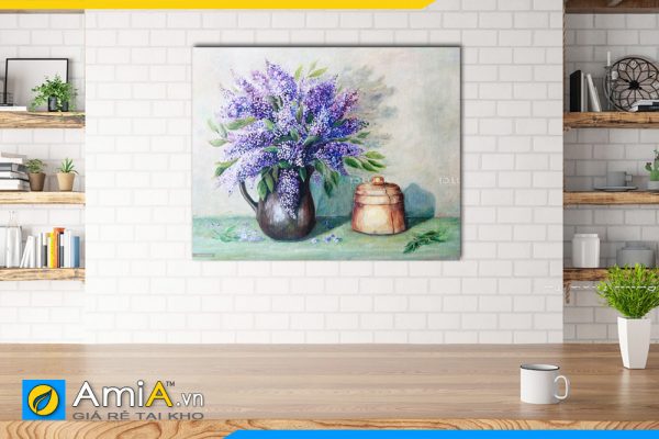 Hình ảnh Tranh trang trí bàn ăn phòng ăn bình hoa tím giả sơn dầu AmiA BH08
