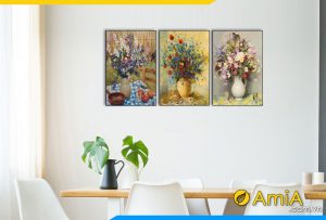 Hình ảnh Tranh trang trí bình hoa ghép bộ 3 tấm in giả sơn dầu treo bàn ăn AmiA 1906