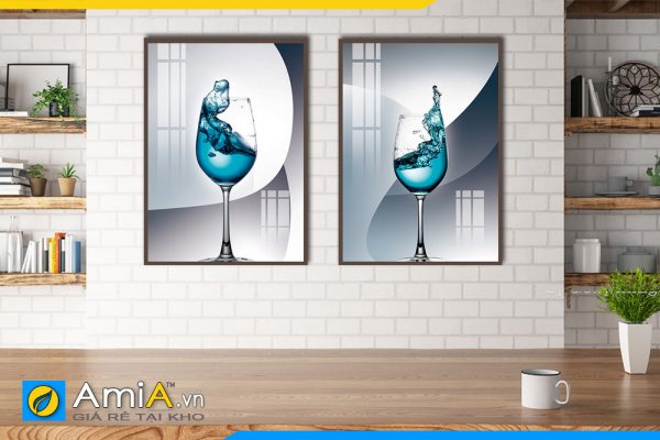 Hình ảnh Tranh trang trí phòng ăn nhà bếp ly rượu vang xanh nghệ thuật AmiA RV03