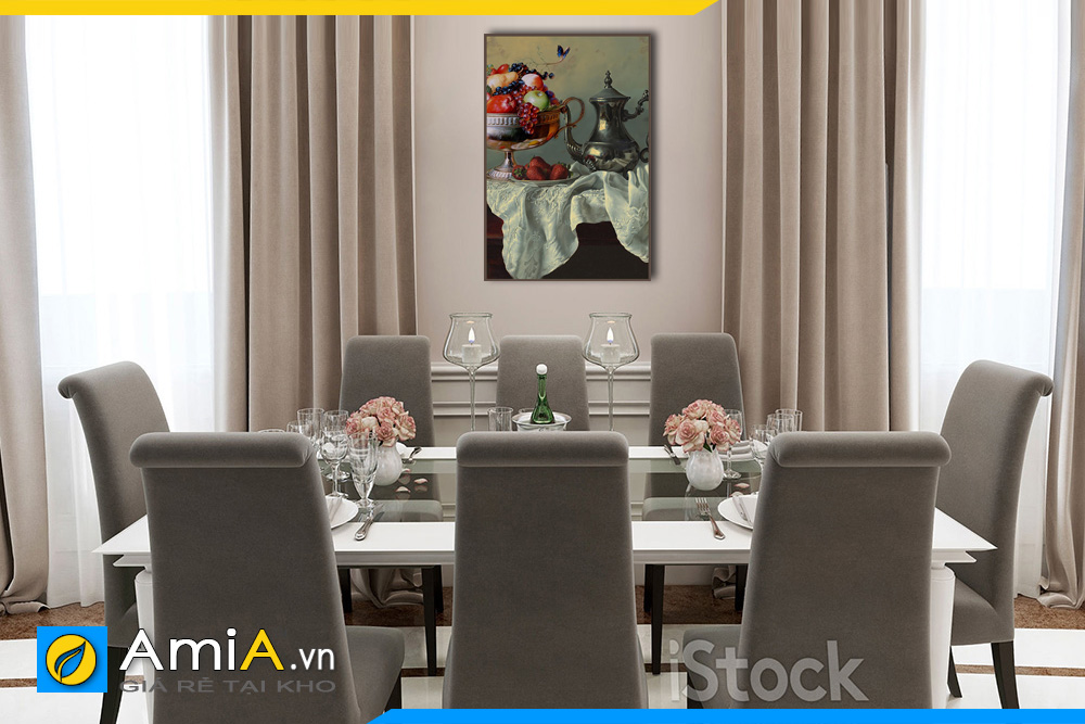 Hình ảnh Tranh treo tường bàn ăn nhà bếp tân cổ điển đẹp bình hoa và quả AmiA BH13