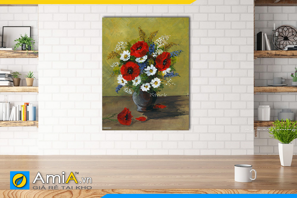 Hình ảnh Tranh treo tường phòng ăn bình hoa in giả sơn dầu đẹp AmiA BH07