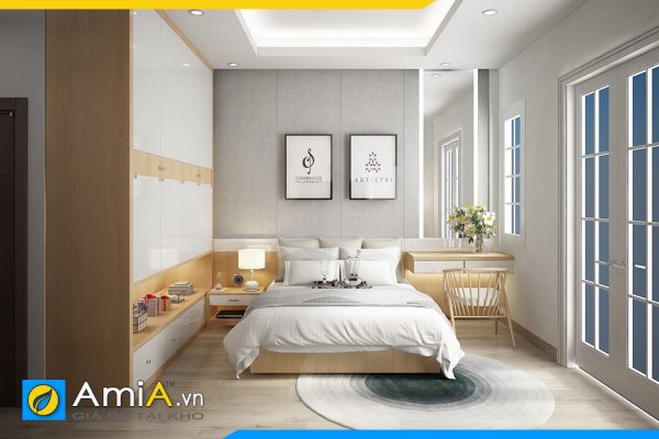 Hình ảnh Giường gỗ CN MDF đơn giản màu sáng có chân đế AmiA GN119