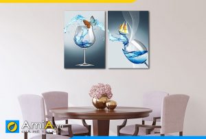 Hình ảnh Tranh treo tường bàn ăn bộ ly rượu vang xanh AmiA FT102142