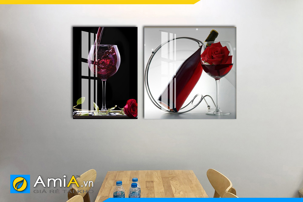 Hình ảnh Tranh treo tường bàn ăn rượu vang đỏ và hoa hồng lãng mạn AmiA FT102141