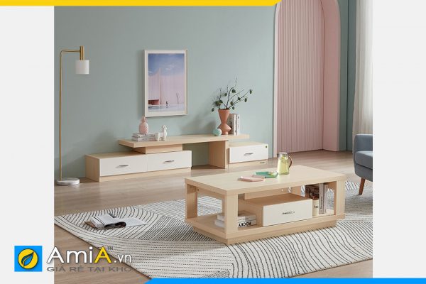 Hình ảnh Bộ bàn trà kệ tivi gỗ chân bệt phòng khách AmiA COMBOBT 125