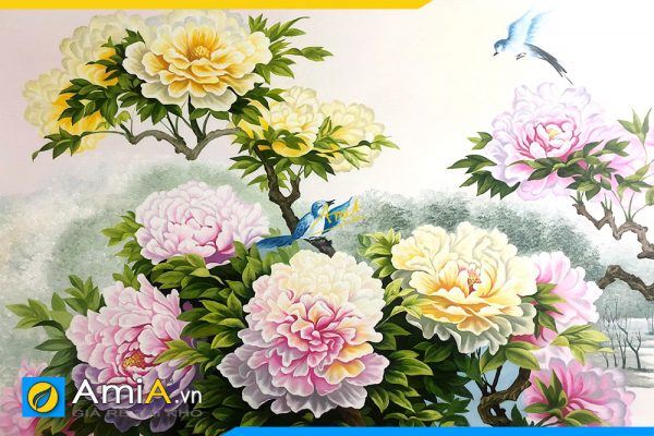 Hình ảnh Cận cảnh mẫu tranh hoa mẫu đơn vẽ sơn dầu đẹp AmiA TSD 629
