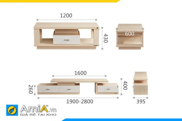 Hình ảnh Chi tiết kích thước bộ bàn trà kệ tivi gỗ công nghiệp AmiA COMBOBT 125