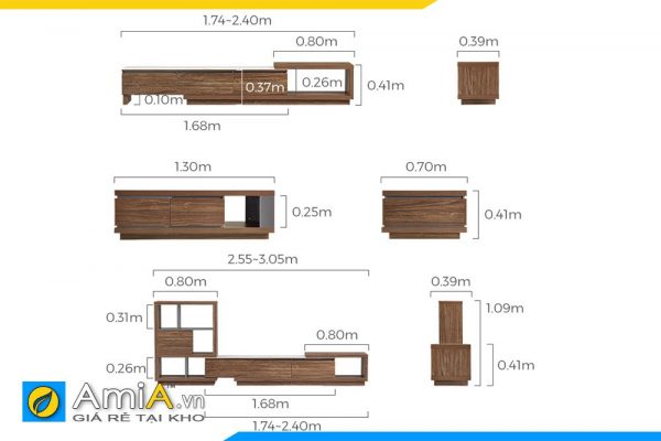 Hình ảnh Chi tiết kích thước bộ combo bàn trà kệ tivi gỗ AmiA COMBOBT 135