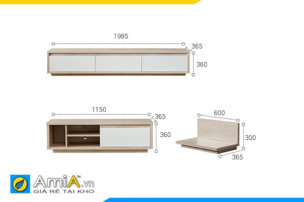 Hình ảnh Chi tiết kích thước bộ combo bàn trà và kệ tivi gỗ công nghiệp AmiA COMBOBT 121