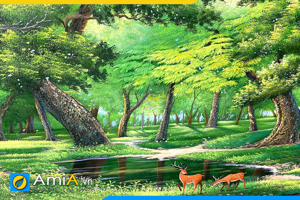 Hình ảnh Chụp chi tiết cận cảnh bức tranh sơn dầu rừng cây xanh mát AmiA TSD 626