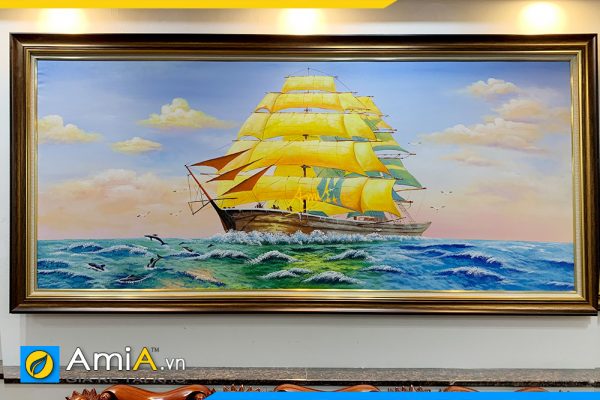 Hình ảnh Chụp trực diện bức tranh sơn dầu thuyền vàng đẹp ý nghĩa cho phòng khách AmiA TSD 642