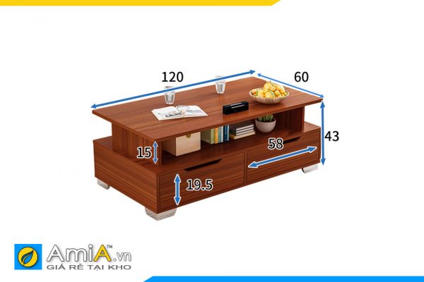 Hình ảnh Kích thước cụ thể mẫu bàn trà gỗ công nghiệp 2 tầng AmiA BAN 086