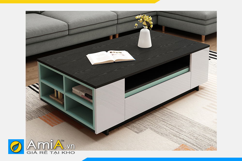 Hình ảnh Mẫu bàn trà gỗ chân bệt thiết kế hiện đại nhiều ngăn AmiA BAN 131