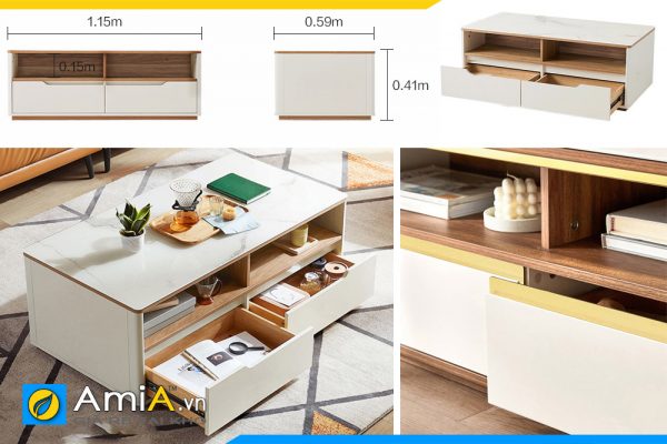 Hình ảnh Mẫu bàn trà gỗ công nghiệp chân bệt 2 ngăn kéo cho phòng khách AmiA BAN 124
