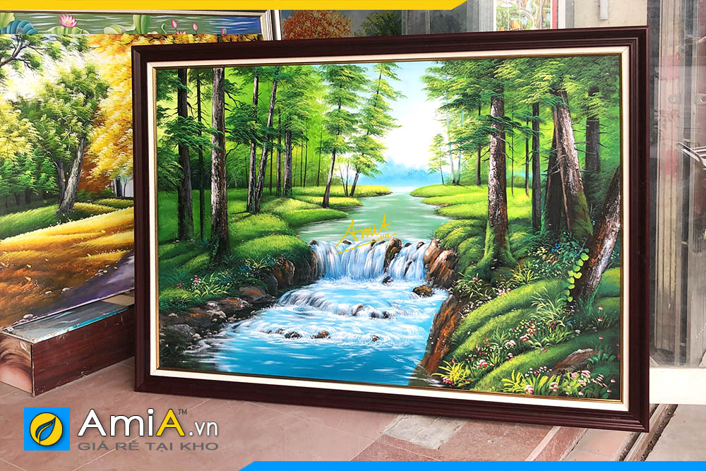 Hình ảnh Tranh phòng khách 1 tấm vẽ sơn dầu phong cảnh suối nước rừng cây AmiA TSD 381