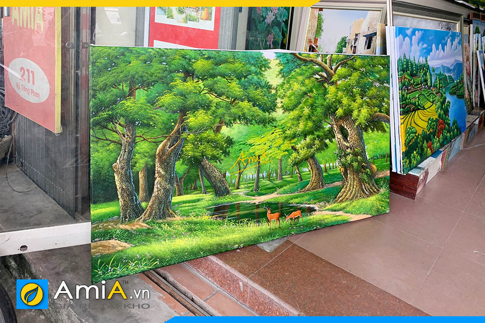 Hình ảnh Tranh sơn dầu treo phòng khách phong cảnh rừng cây AmiA TSD 626
