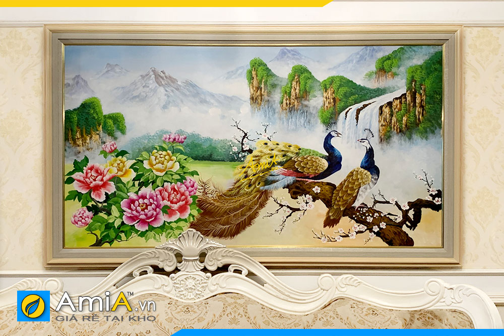 Hình ảnh Tranh treo phòng khách đẹp vẽ sơn dầu đôi chim hoa mẫu đơn AmiA TSD 632