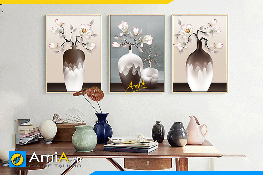 Hình ảnh Bộ tranh canvas bình hoa mộc lan 3 tấm đẹp hiện đại AmiA CV05