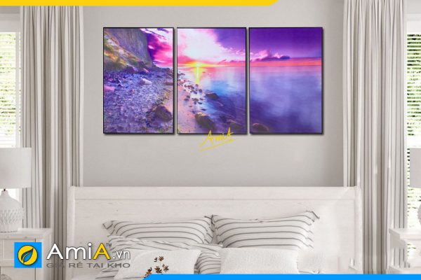 Hình ảnh Bộ tranh treo tường canvas phong cảnh biển màu tím AmiA 2117