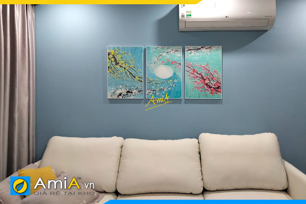 Hình ảnh Bộ tranh treo tường phòng khách hiện đại in canvas hoa đào AmiA TPK115