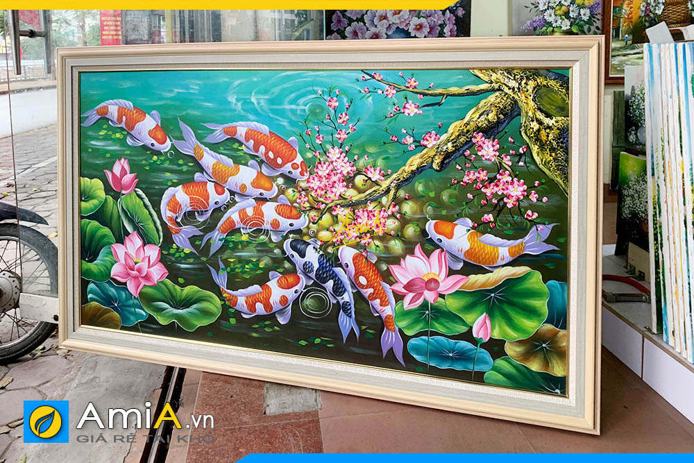 Hình ảnh Bức tranh sơn dầu cá chép hoa sen vẽ 1 tấm đóng khung AmiA TSD 542