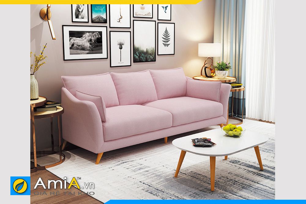 mẫu sofa phòng khách nhỏ bọc nỉ màu hồng nhạt amia pk0067