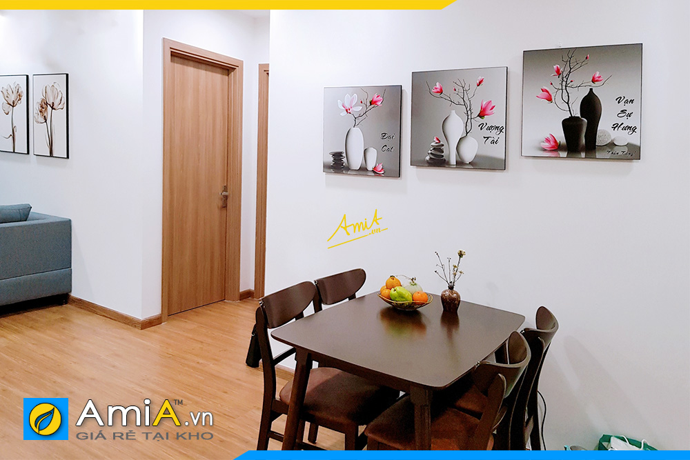 Hình ảnh Tranh bình hoa 3 tấm trang trí tường bàn ăn phòng ăn hiện đại AmiA 1381