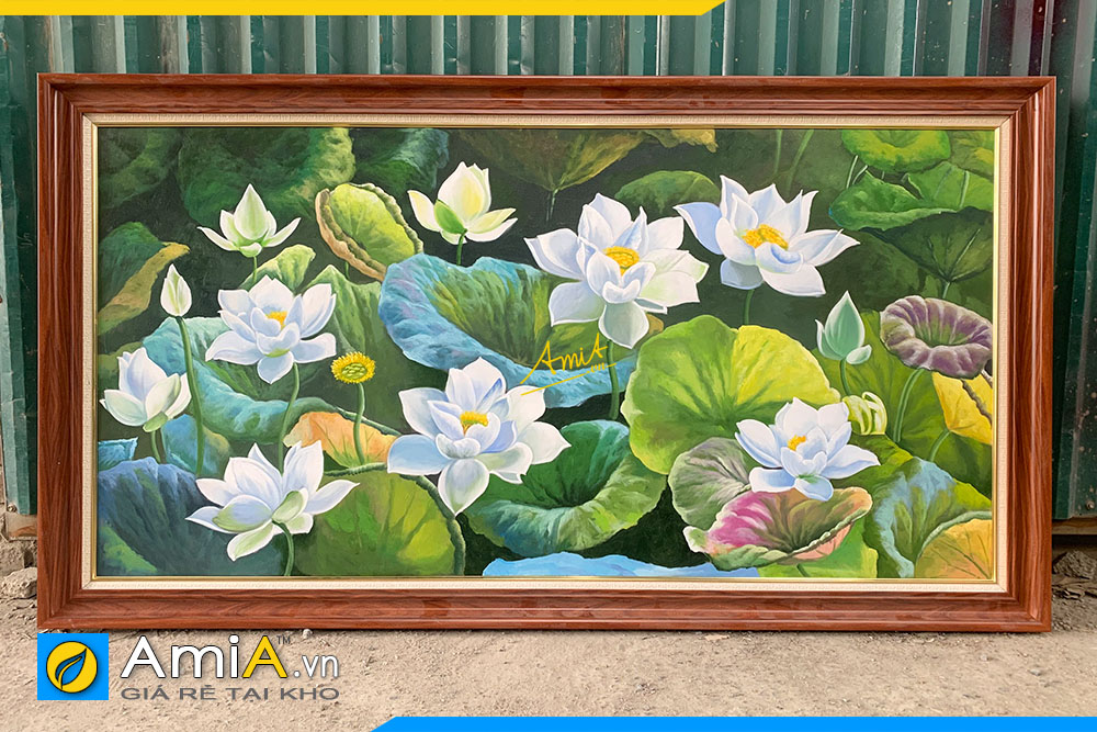 Hình ảnh Tranh đẹp hoa sen trắng vẽ sơn dầu cho phòng khách đẹp AmiA TSD619
