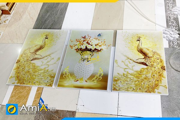 Hình ảnh Tranh đôi chim công vàng in vải canvas treo tường phòng khách ý nghĩa AmiA 1882