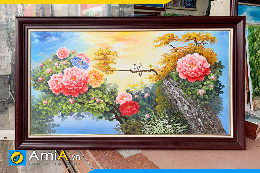 Hình ảnh Tranh hoa mẫu đơn và đôi chim vẽ sơn dầu treo tường phòng khách đẹp ý nghĩa AmiA TSD 444