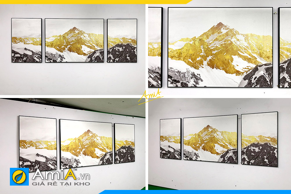 Hình ảnh Tranh núi đá 3 tấm treo phòng khách tuổi Canh Tý mệnh Thổ AmiA 2098