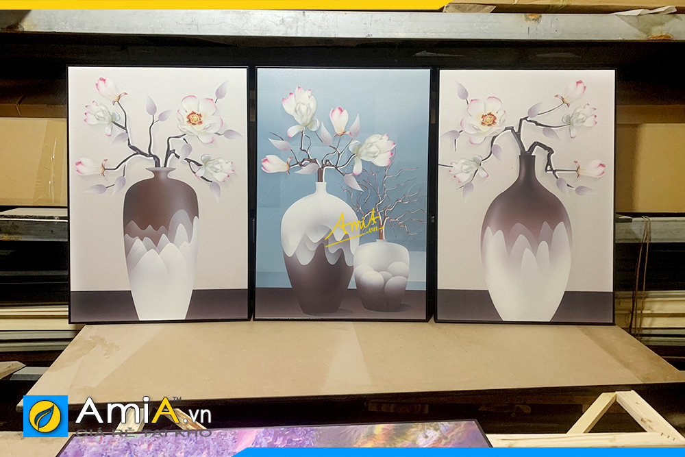 Hình ảnh Tranh phòng khách Lạng Sơn canvas bình hoa mộc lan 3 tấm