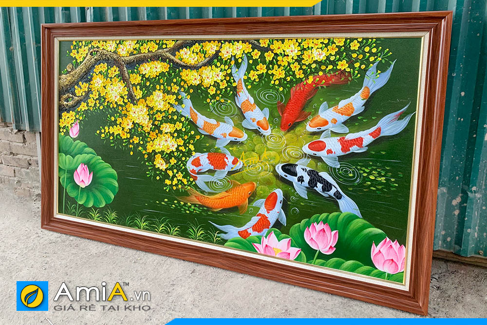 Hình ảnh Tranh sơn dầu cá chép hoa mai treo phòng khách đẹp AmiA TSD459